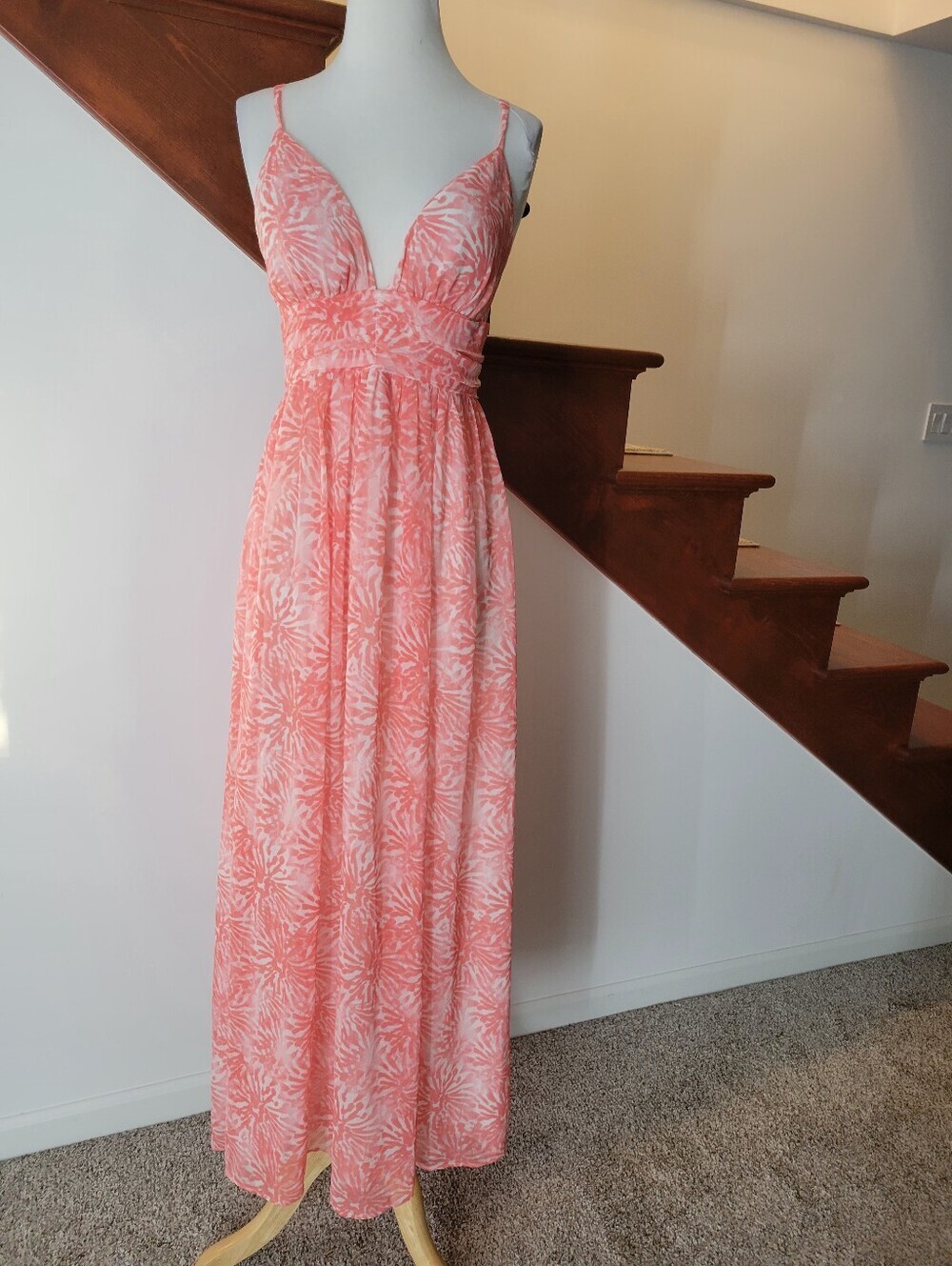 Moda International Coral Pink Printed Maxi Dress with Spaghetti Straps Size S